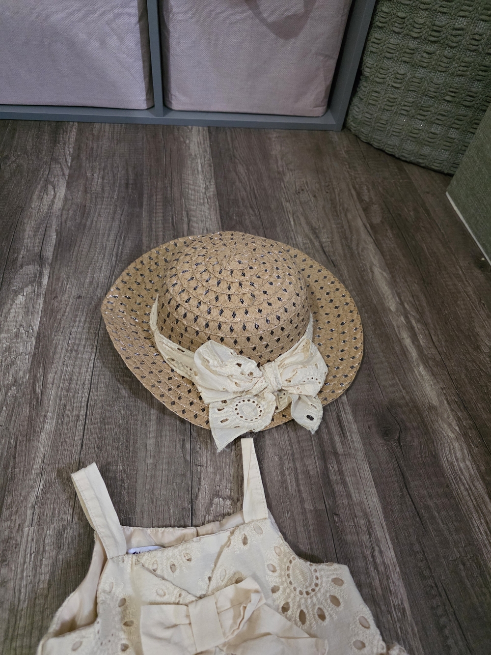 Blueberi Boulevard Cream Eyelet Ruffle Sundress with Straw Hat Accent - Picture 3 of 4